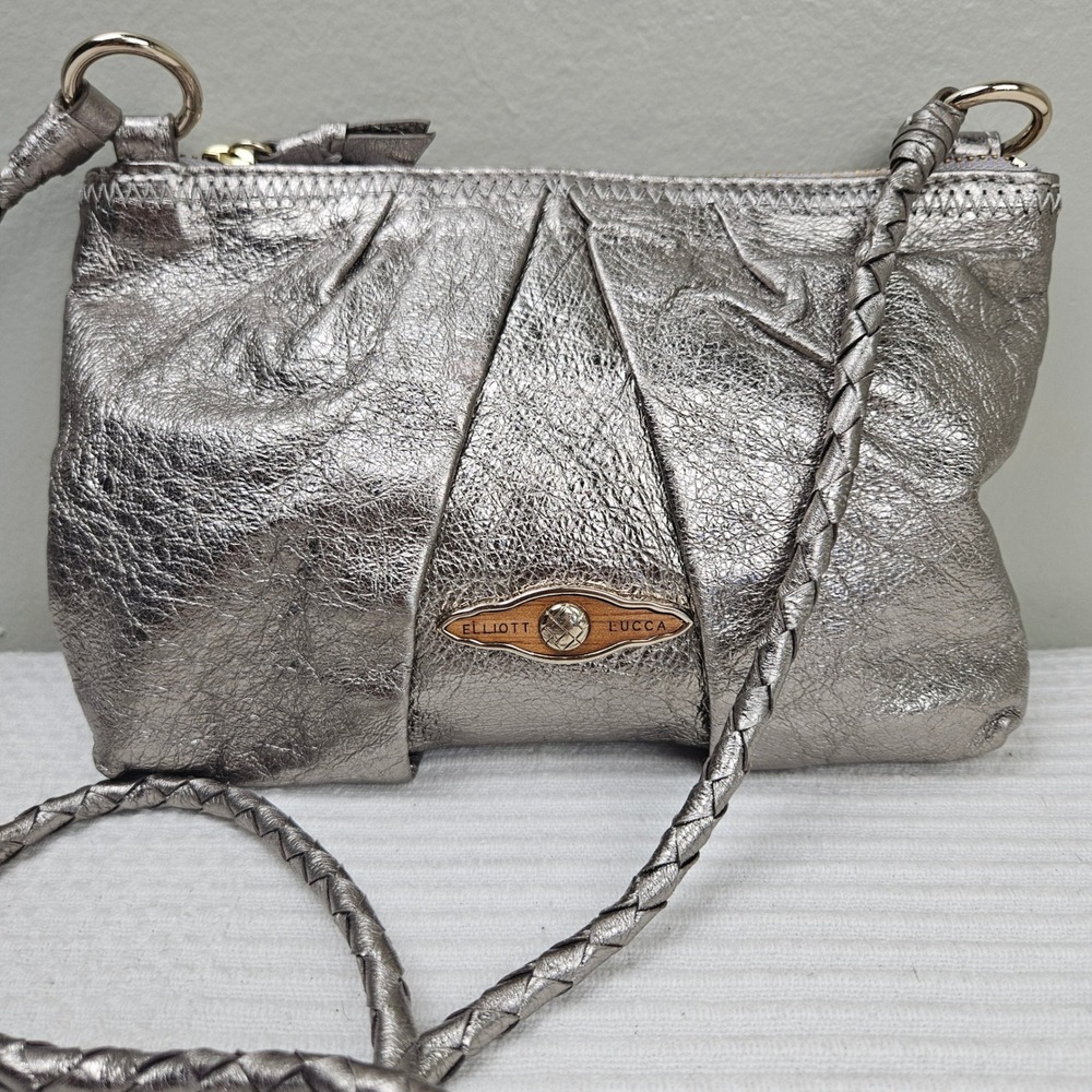 Elliot Luca Leather Purse‎ Shoulder Bag Mini Silver Zipper Close Braided Strap